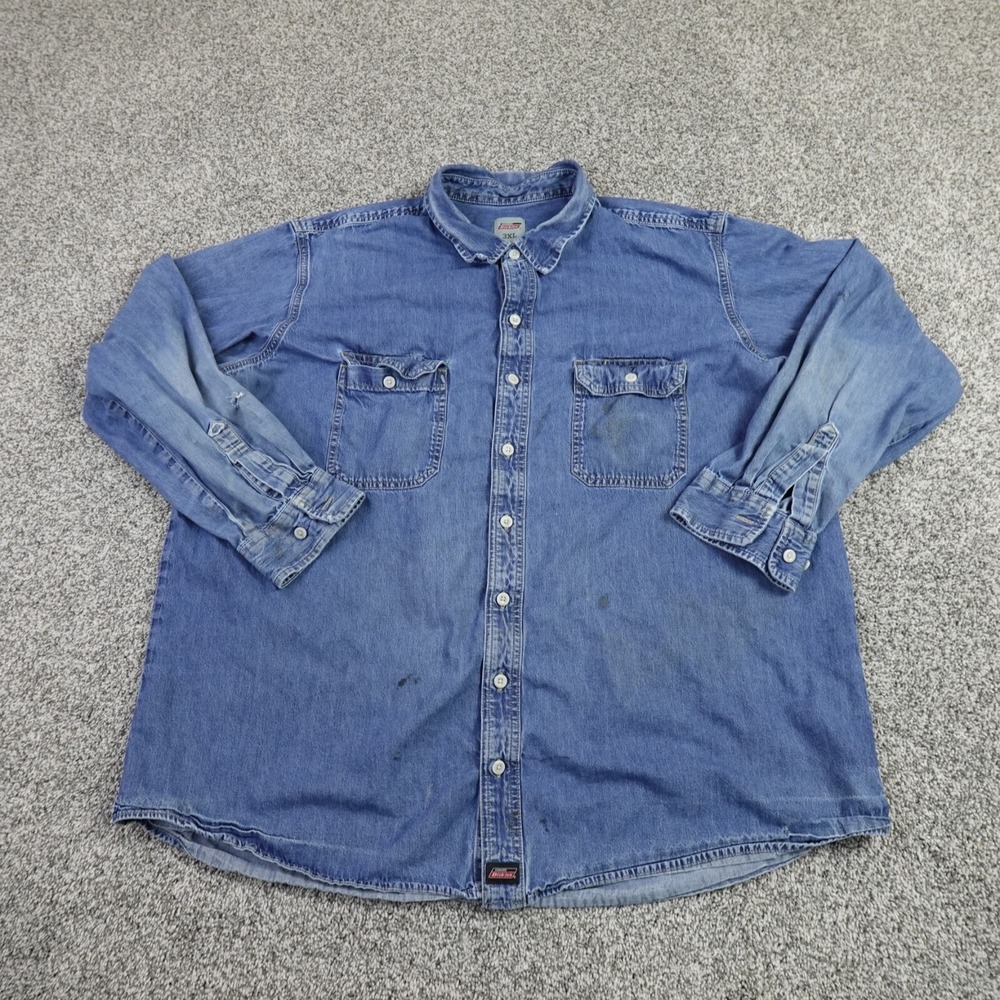 Dickies Classic Blue Medium Wash Denim Button Up Work Shirt - Men